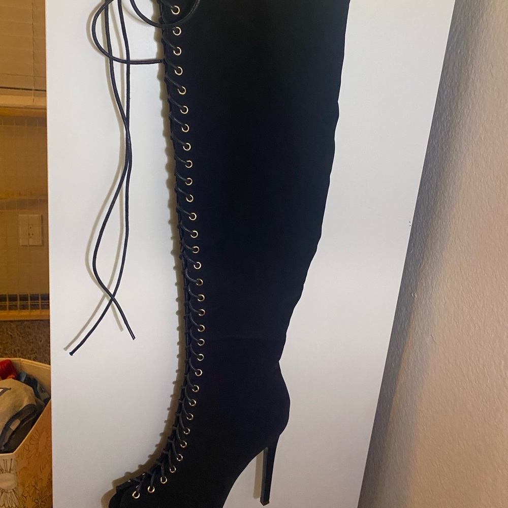 Black, over the knee, heeled boots
